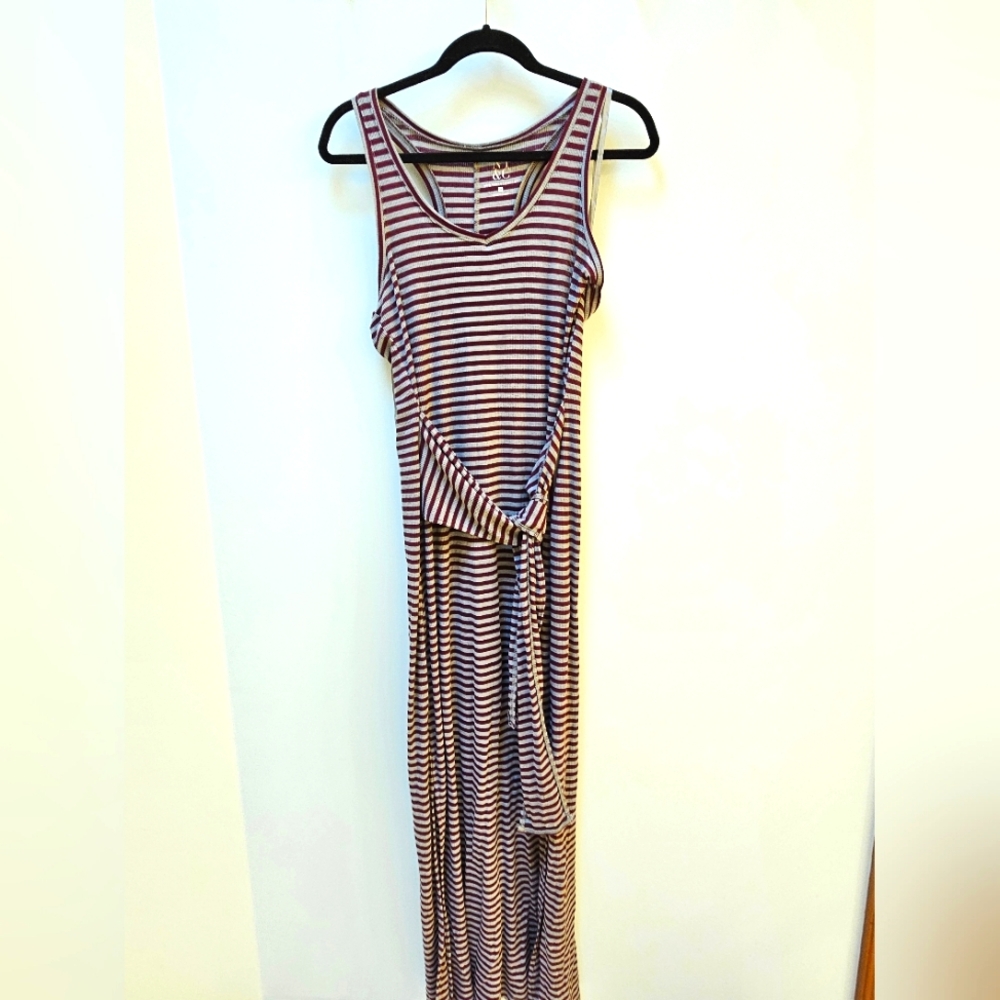 Burgundy and Grey Striped Maxi Dress